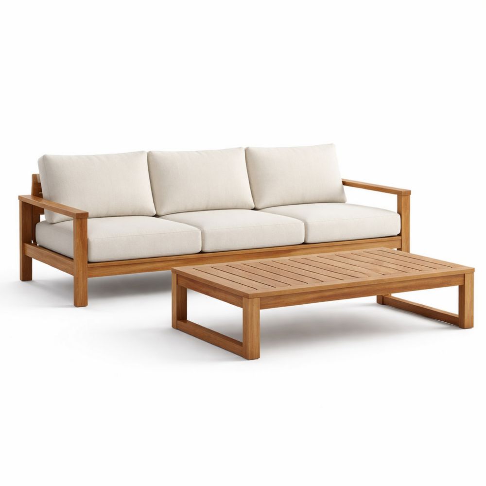Outdoor Teak Wood Sofa and Coffee Table Set with Beige Cushions-Homedaurora