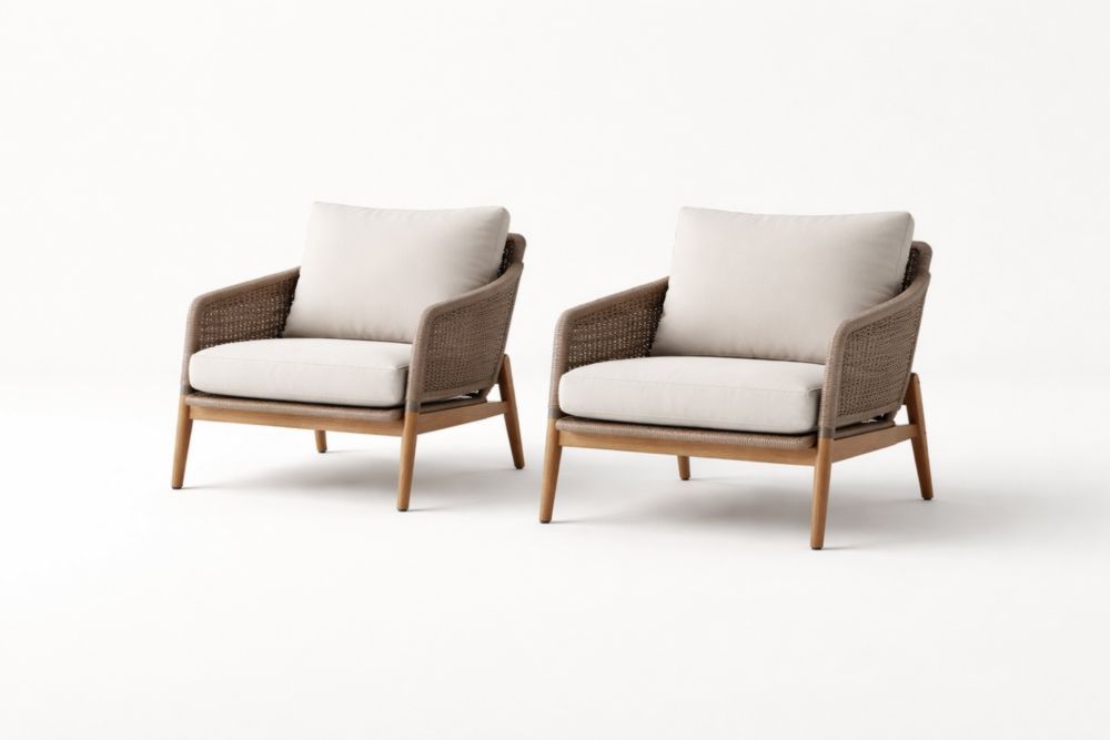 Wooden Outdoor Armchair Set with Rattan and Fabric Cushions-Homedaurora