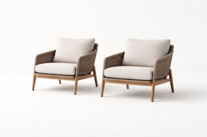 Wooden Outdoor Armchair Set with Rattan and Fabric Cushions-Homedaurora