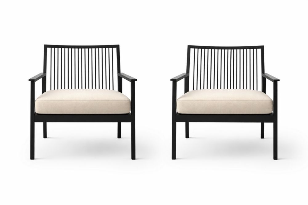 Set of 2 Black Metal Armchairs with Beige Cushions-Homedaurora