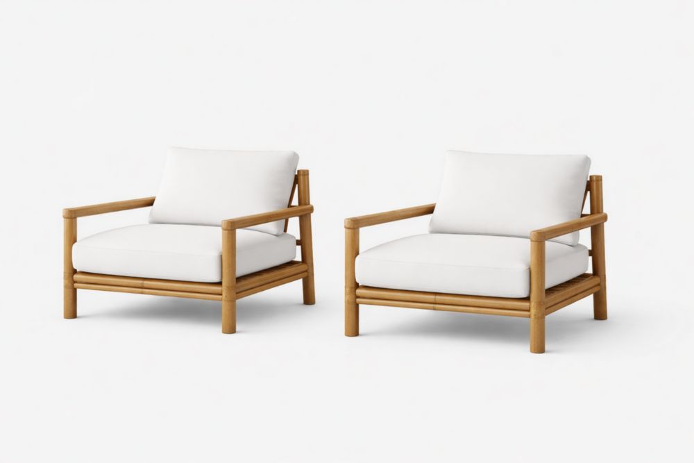 Bamboo Armchair Set with White Cushions 80cm x 88cm x 90cm-Homedaurora
