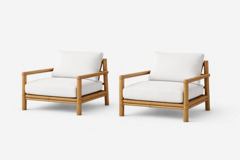 Bamboo Armchair Set with White Cushions 80cm x 88cm x 90cm-Homedaurora