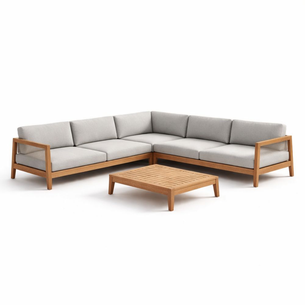 Teak Wood Outdoor Sectional Sofa with Grey Cushions and Coffee Table-Naturanovia