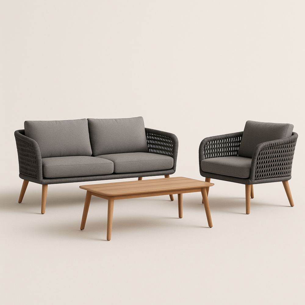 Woven Rope Outdoor 3-Piece Set with Sofa, Chair, and Coffee Table-Naturanovia