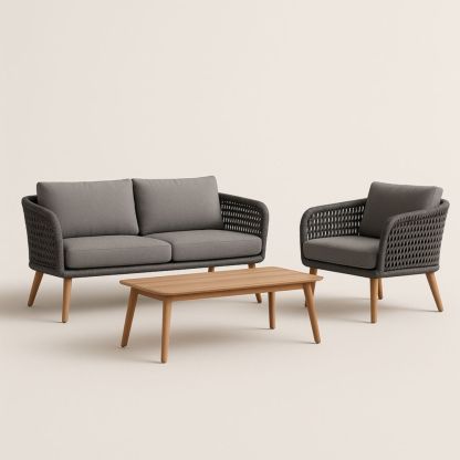 Woven Rope Outdoor 3-Piece Set with Sofa, Chair, and Coffee Table-Naturanovia