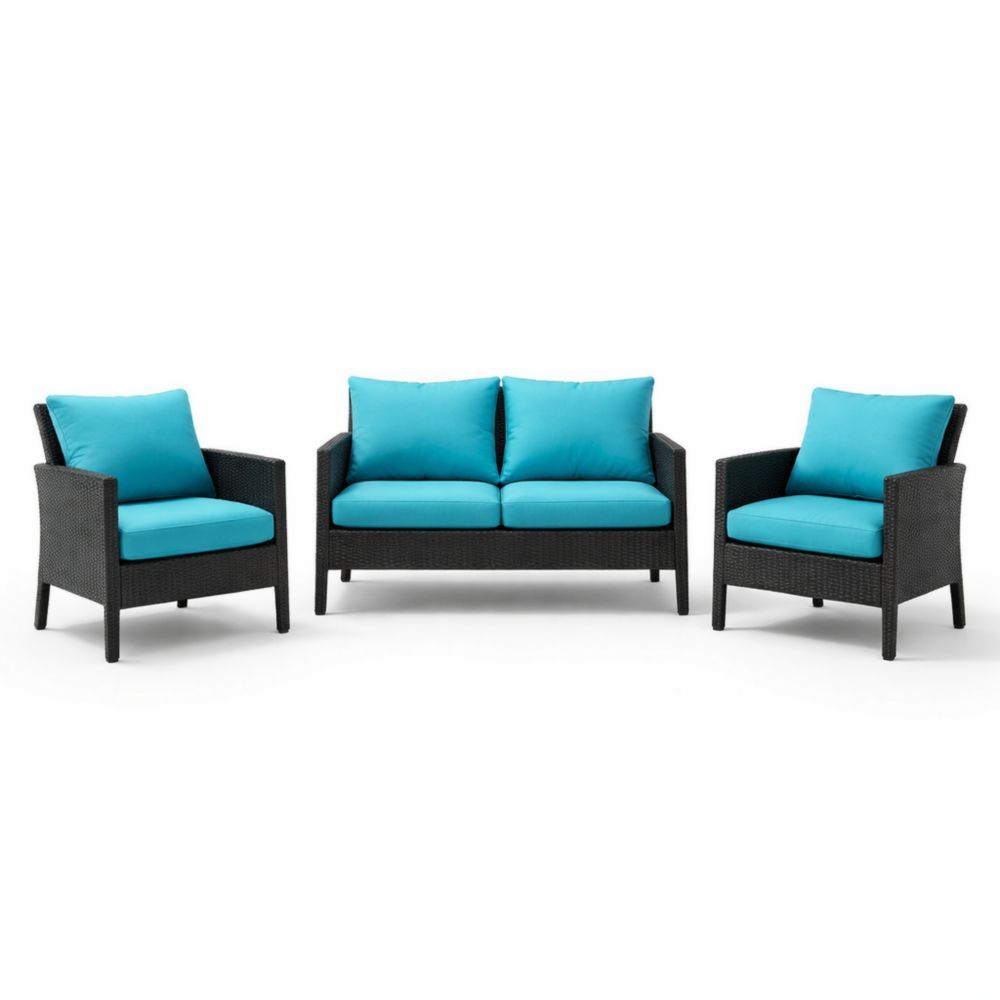 Outdoor Wicker Sofa Set with Blue Cushions Armchair Loveseat-Naturanovia