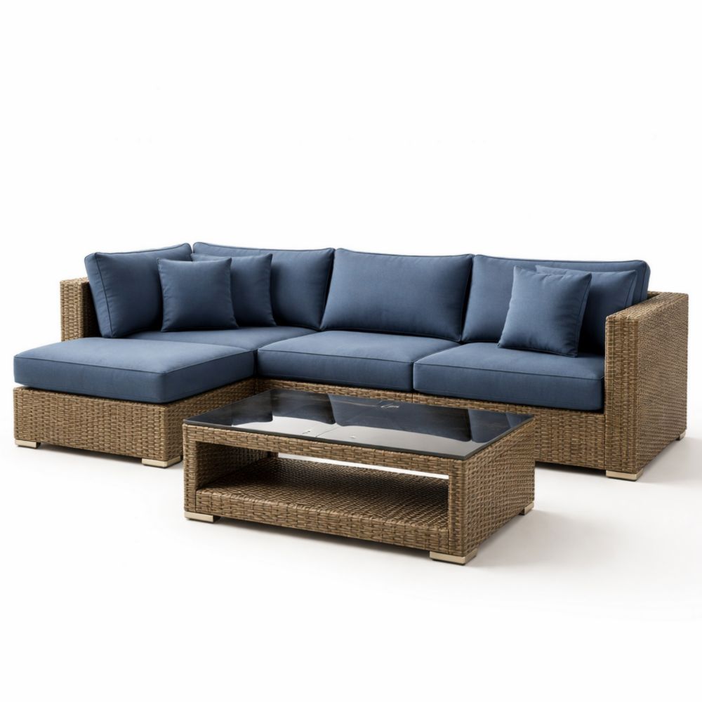 Rattan Outdoor Sectional Sofa Set with Blue Cushions and Coffee Table-Naturanovia