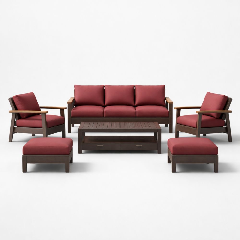 Wood Outdoor Patio Furniture Set with Red Cushions and Coffee Table-Naturanovia