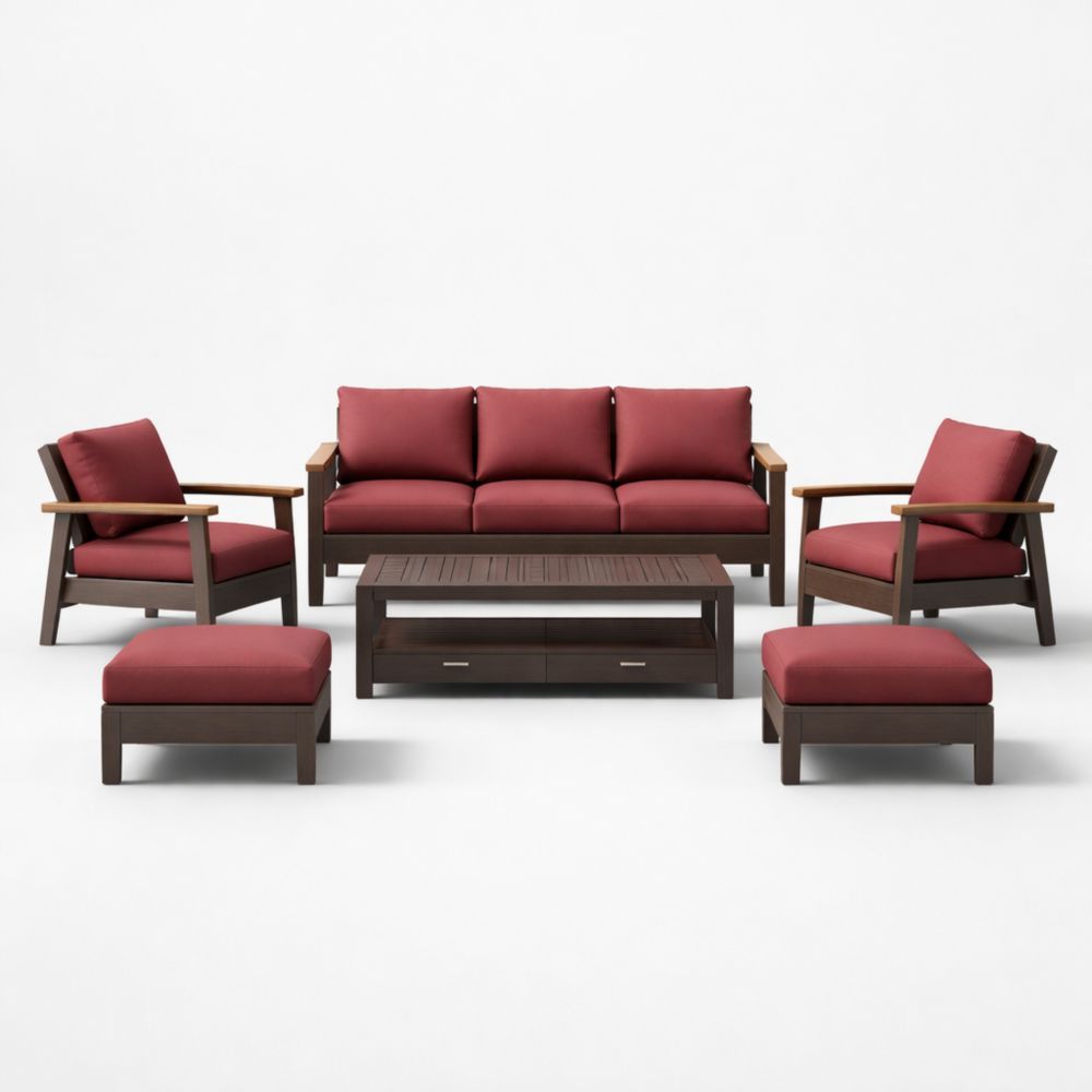 Wood Outdoor Patio Furniture Set with Red Cushions and Coffee Table-Naturanovia