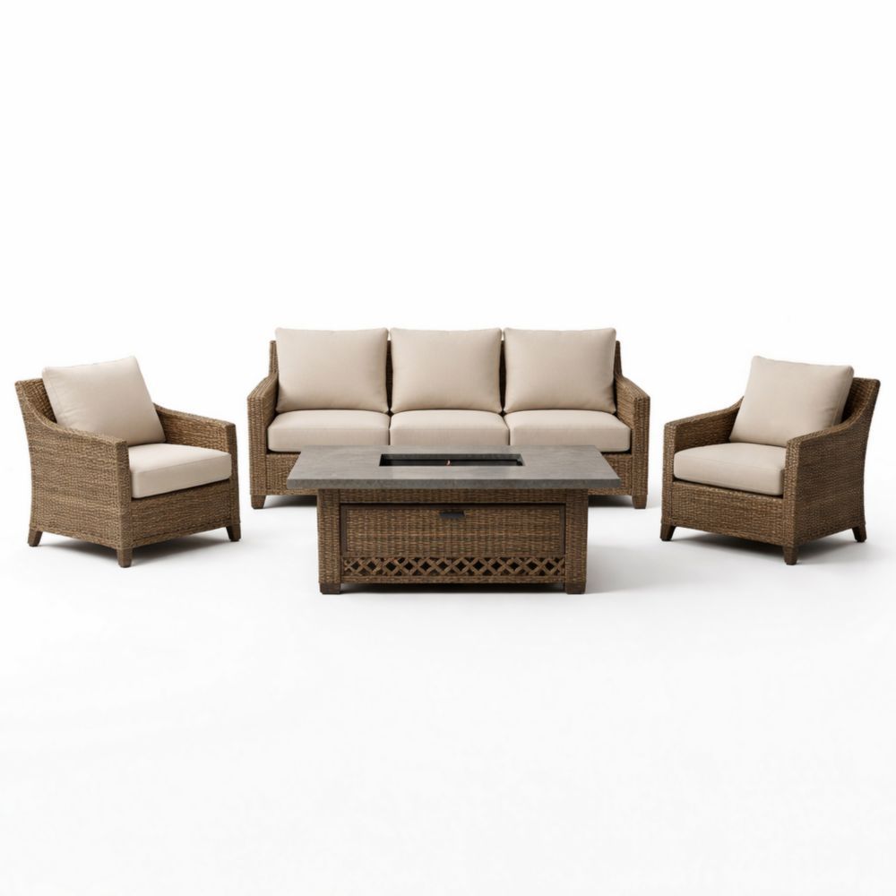 Outdoor Wicker Sofa Set with Cushions and Fire Pit Table-Naturanovia