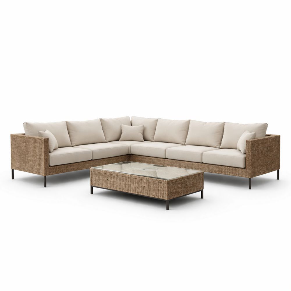Outdoor Wicker Sectional Sofa Set with Coffee Table Beige Cushions-Naturanovia