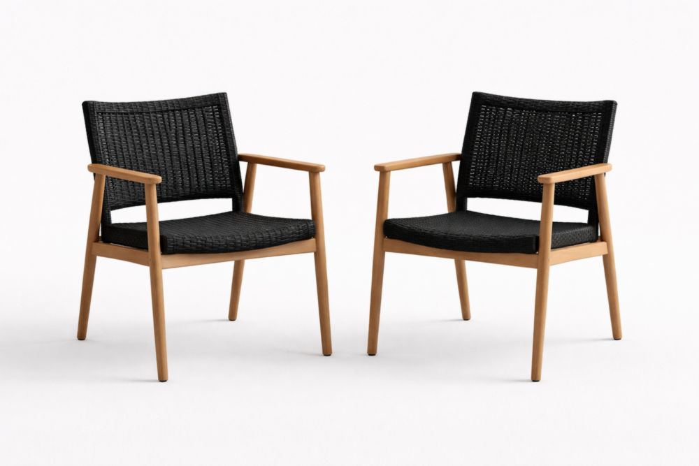 Set of 2 Black Woven Rope Armchairs with Wooden Frame-Naturanovia