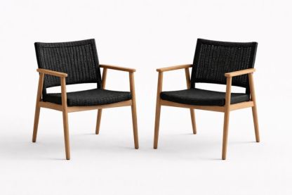 Set of 2 Black Woven Rope Armchairs with Wooden Frame-Naturanovia