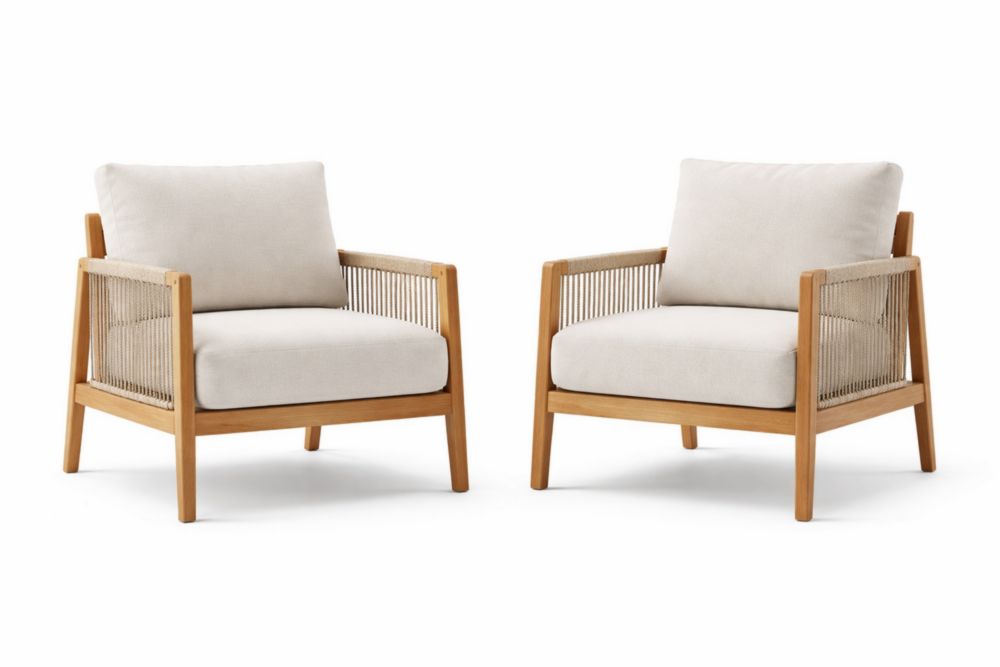 Set of 2 Teak Wood Armchairs with Rope Accents and Beige Cushions-Naturanovia