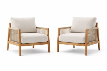 Set of 2 Teak Wood Armchairs with Rope Accents and Beige Cushions-Naturanovia