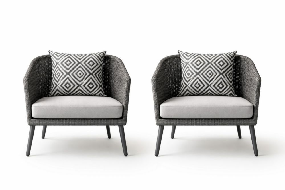 Set of 2 Woven Rattan Armchairs with Cushions and Decorative Pillows Gray-Naturanovia