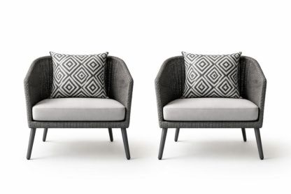 Set of 2 Woven Rattan Armchairs with Cushions and Decorative Pillows Gray-Naturanovia