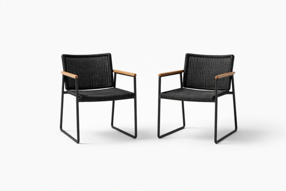 Set of 2 Black Woven Steel Frame Chairs with Wooden Armrests-Naturanovia