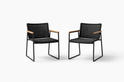 Set of 2 Black Woven Steel Frame Chairs with Wooden Armrests-Naturanovia