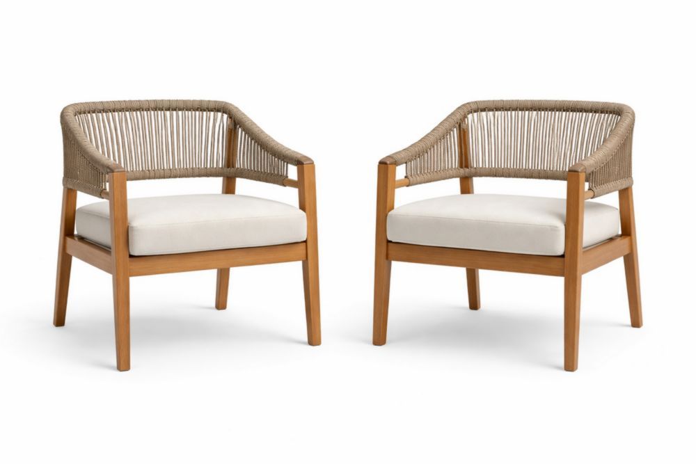 Teak Wood Outdoor Rope Lounge Chairs Set with Beige Cushions-Naturanovia