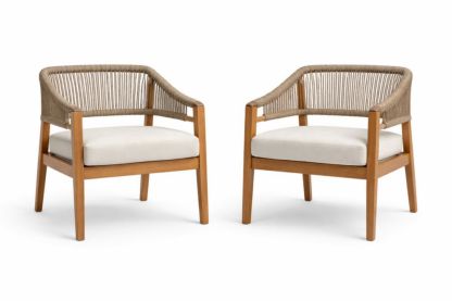 Teak Wood Outdoor Rope Lounge Chairs Set with Beige Cushions-Naturanovia