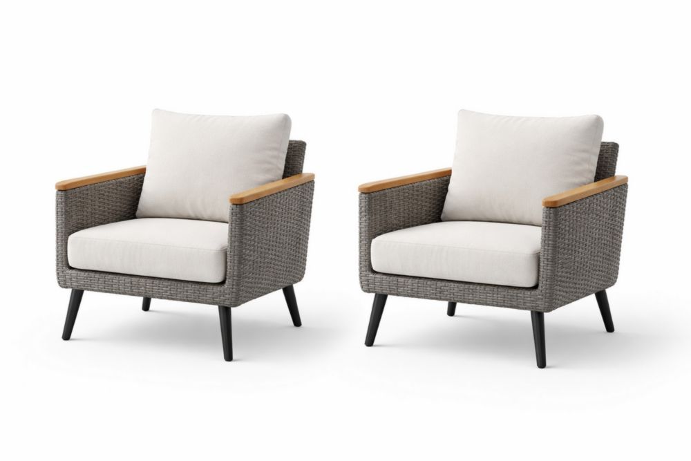 Outdoor Wicker Armchair Set with Teak Accents and Beige Cushions-Naturanovia