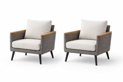 Outdoor Wicker Armchair Set with Teak Accents and Beige Cushions-Naturanovia