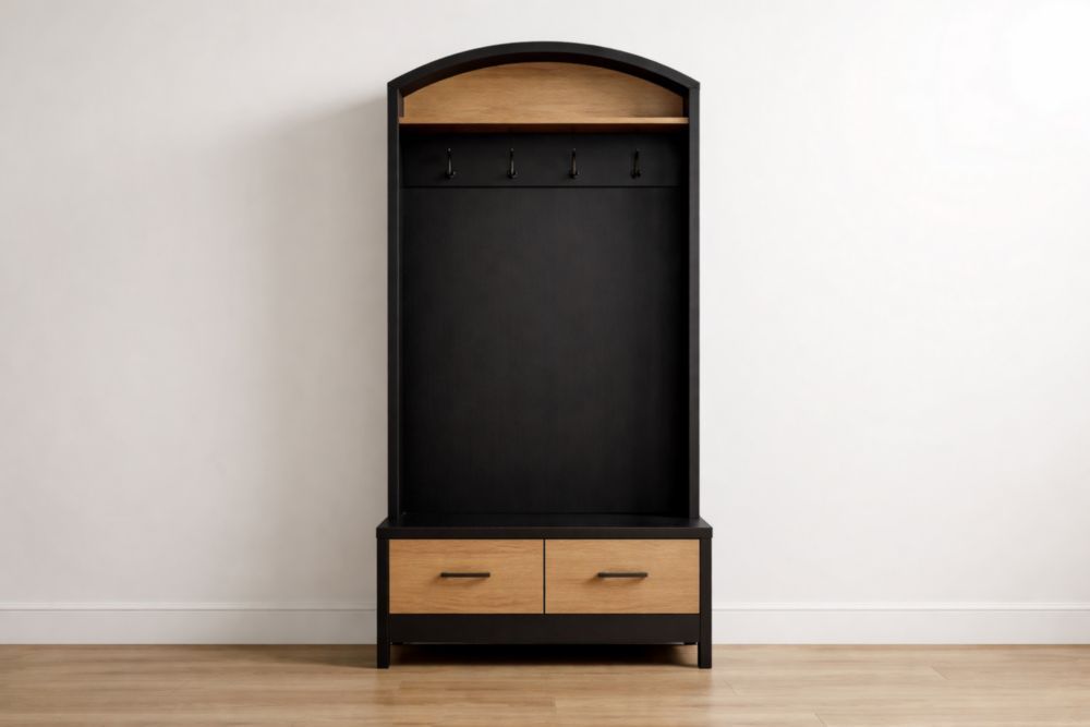 Wood and Metal Hall Tree with Drawers and Hooks in Black/Natural-Nestplena