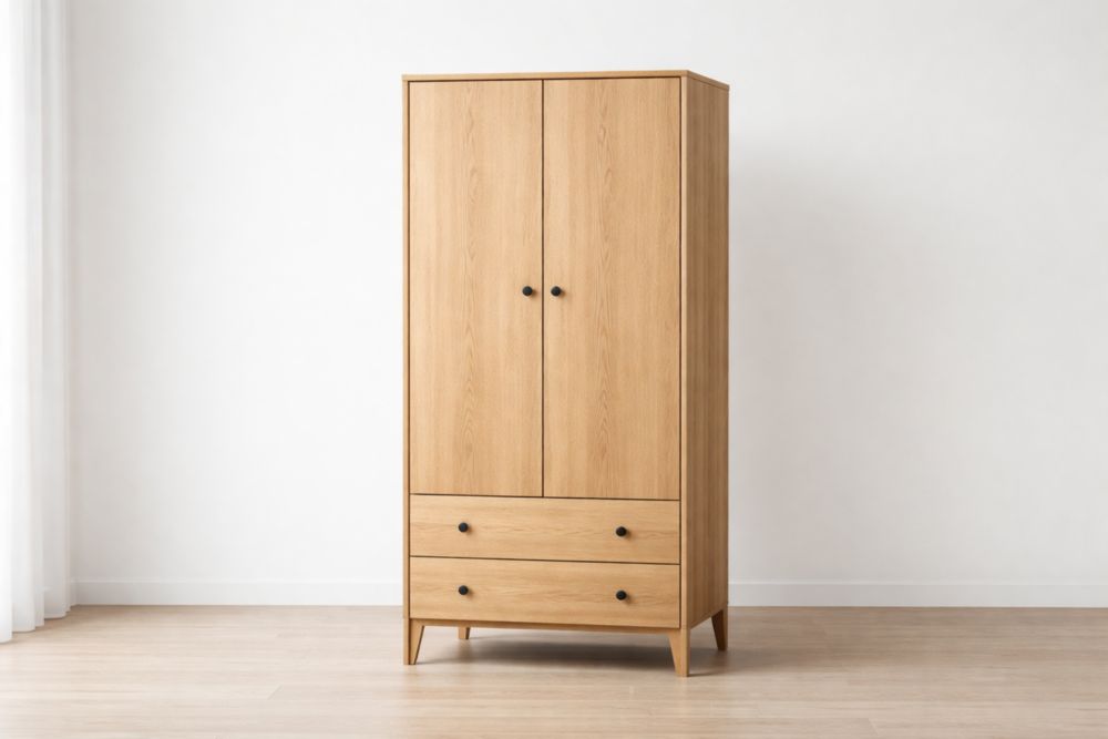 Oak Wardrobe with Double Doors and Drawers-Nestplena