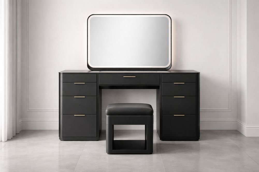 Black MDF Vanity Table Set with LED Mirror and Stool-Nestplena