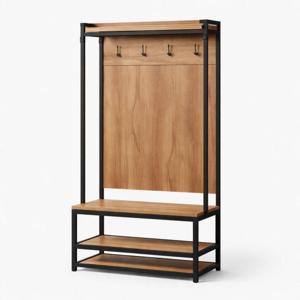 Wood and Metal Hall Tree with Hooks and Shelves Oak 183x90x38 cm Black Frame-Nestplena