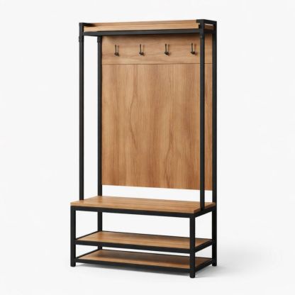 Wood and Metal Hall Tree with Hooks and Shelves Oak 183x90x38 cm Black Frame-Nestplena