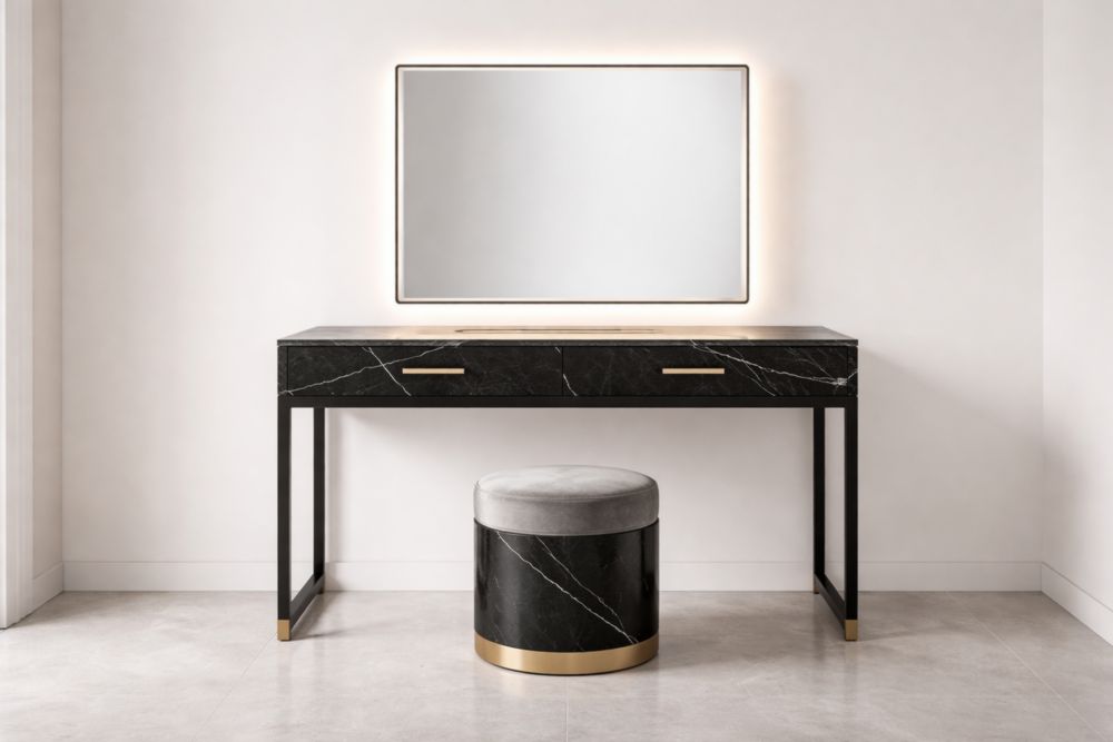 Black Marble Vanity Set with LED Mirror and Velvet Stool-Nestplena