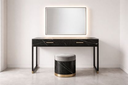 Black Marble Vanity Set with LED Mirror and Velvet Stool-Nestplena