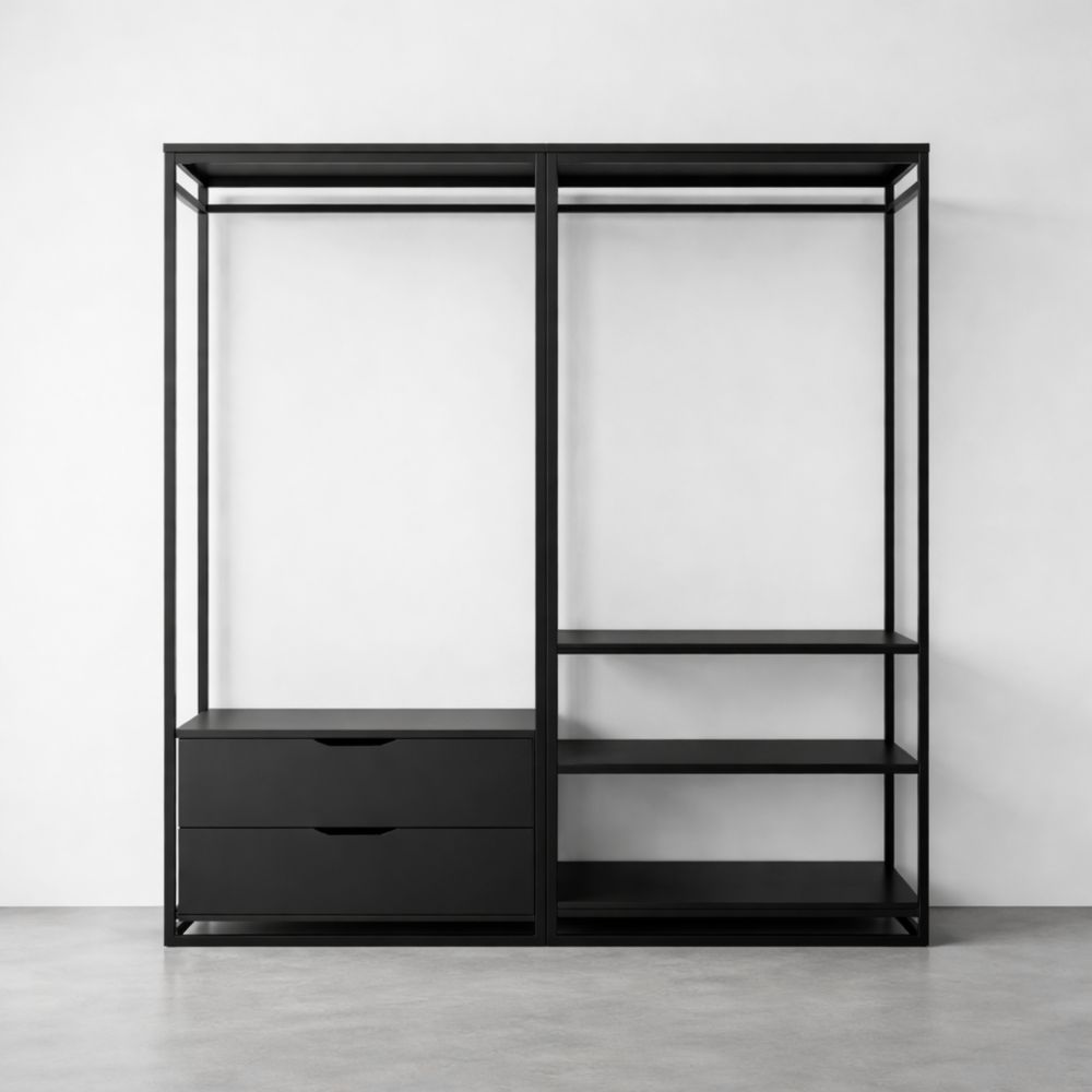 Freestanding Wardrobe Closet with Powder-Coated Steel Frame and MDF Drawers Black 200cm High-Nestplena