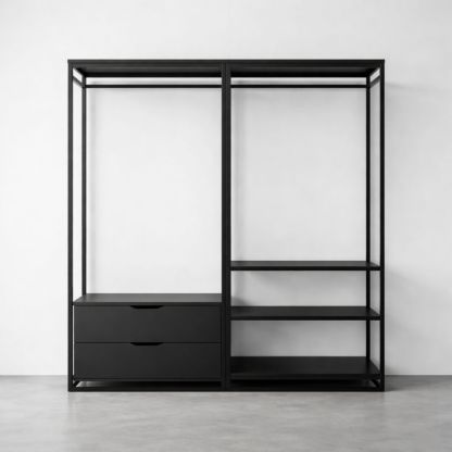 Freestanding Wardrobe Closet with Powder-Coated Steel Frame and MDF Drawers Black 200cm High-Nestplena