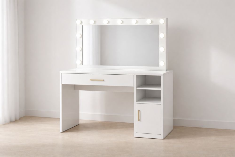 White MDF Vanity Table with Mirror and LED Lights-Nestplena