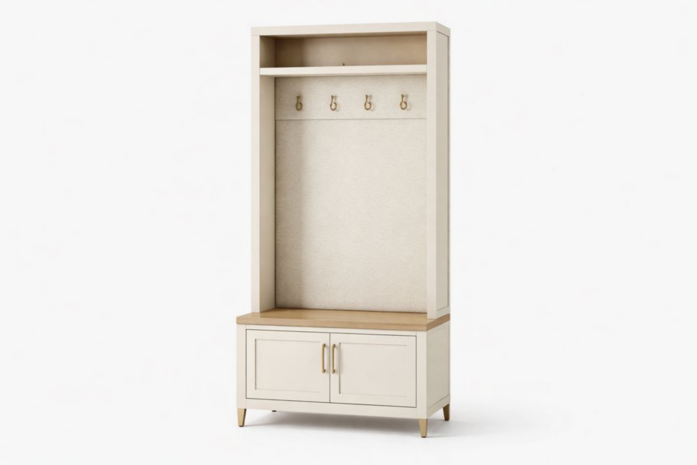 Wood Composite Hall Tree with Storage Bench and Upholstered Back Cream 190x45x200 cm-Nestplena