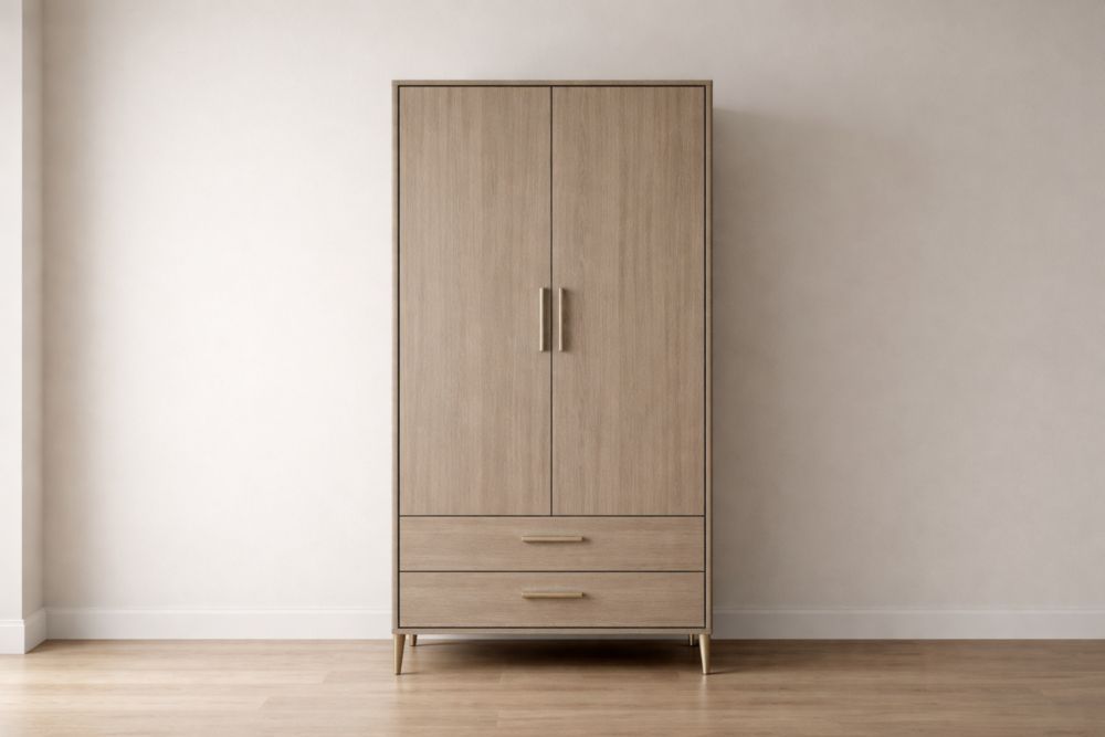 Wood Wardrobe with Two Drawers 190cm x 100cm x 60cm Beige-Nestplena