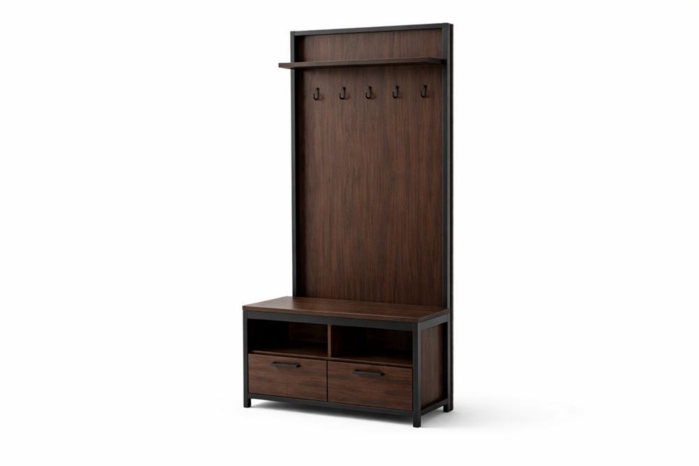 Wood Metal Hall Tree with Storage and Hooks-Nestplena