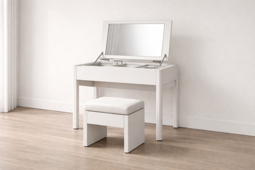 White MDF Vanity Set with Folding Mirror and Stool-Nestplena