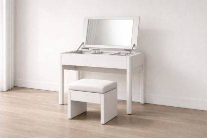 White MDF Vanity Set with Folding Mirror and Stool-Nestplena