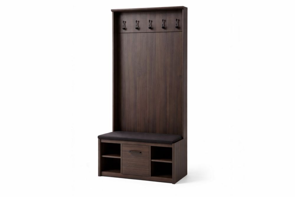 Wooden Hall Tree with Cushioned Bench and Storage Cabinet-Nestplena