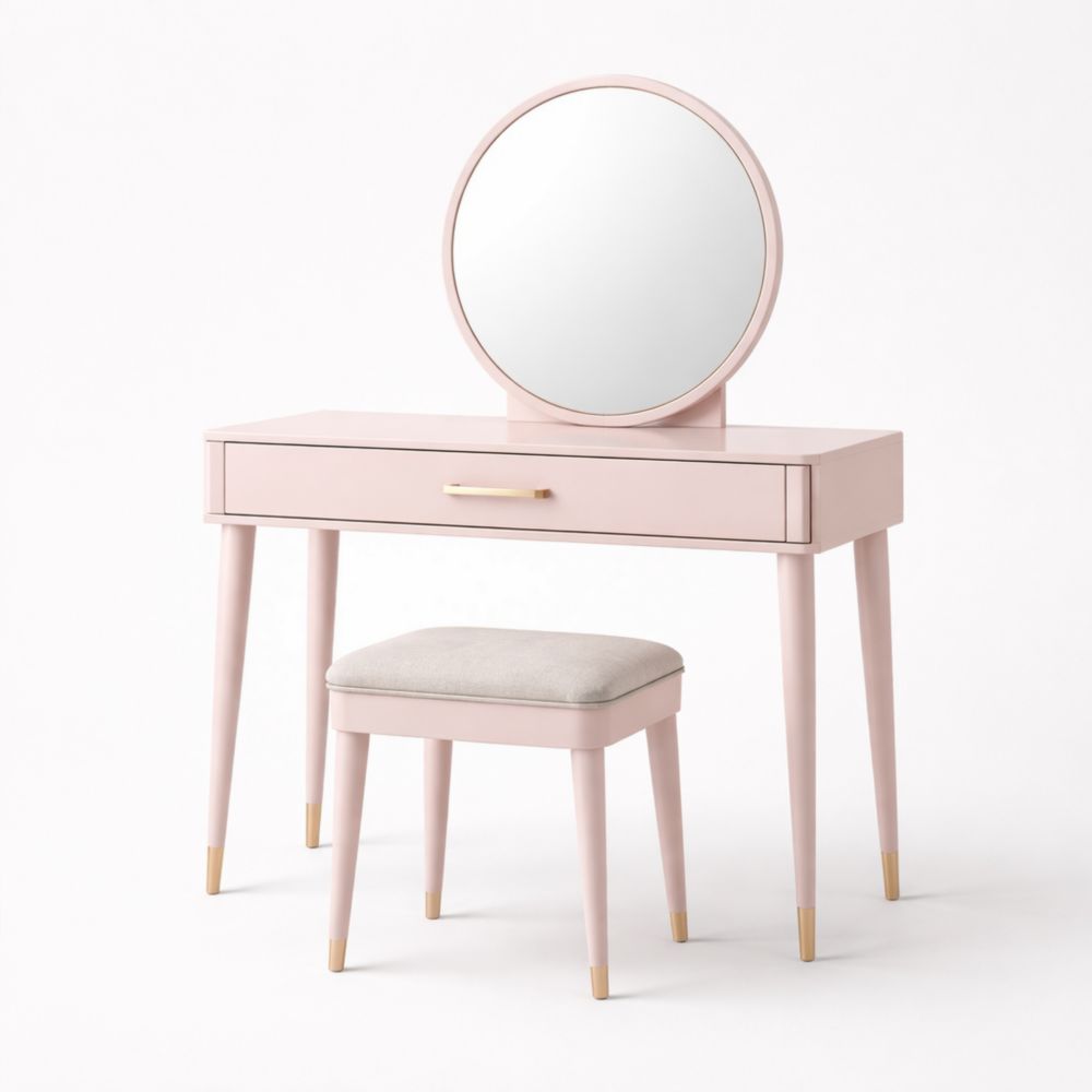 Pink Wooden Vanity Table Set with Round Mirror and Upholstered Stool-Nestplena