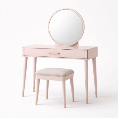 Pink Wooden Vanity Table Set with Round Mirror and Upholstered Stool-Nestplena