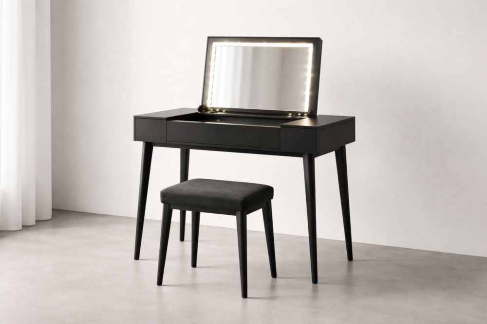 Black Wood Makeup Vanity Desk with LED Mirror and Stool-Nestplena