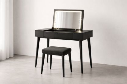 Black Wood Makeup Vanity Desk with LED Mirror and Stool-Nestplena