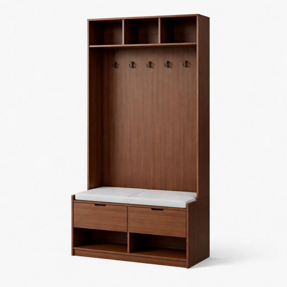 Walnut-finished coat rack with cushions and storage space-Nestplena