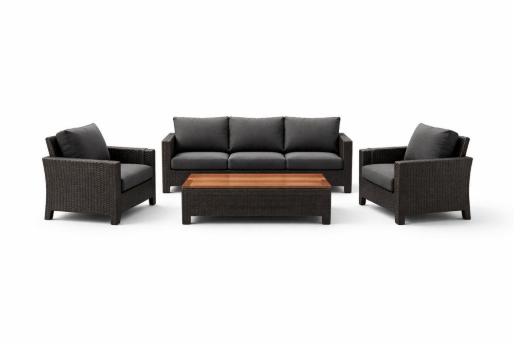4-Piece Outdoor PE Rattan Sofa Set with Polyester Cushions and Wooden Coffee Table