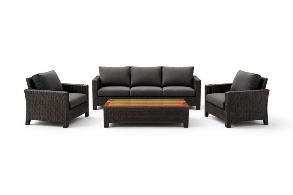 4-Piece Outdoor PE Rattan Sofa Set with Polyester Cushions and Wooden Coffee Table
